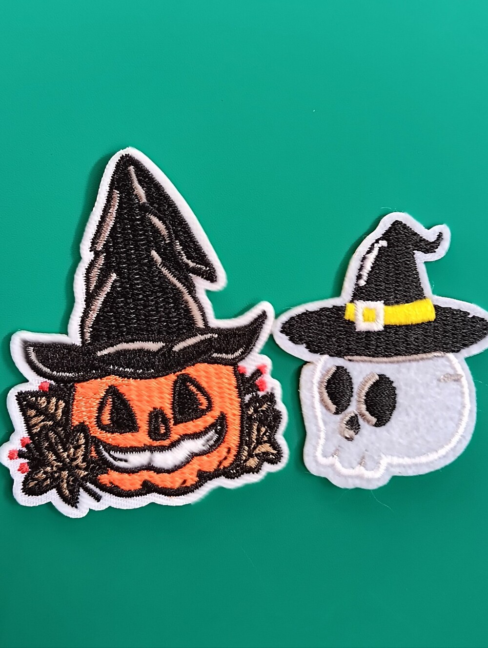 Cute Little Halloween Iron On Patch Pair, Witchy Pumpkin & Skull Autumn Applique